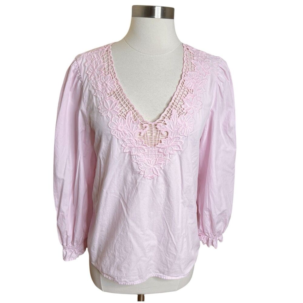 J Crew Top Womens Small Pink V Neck Eyelet Trim Cotton Long Sleeve Preppy